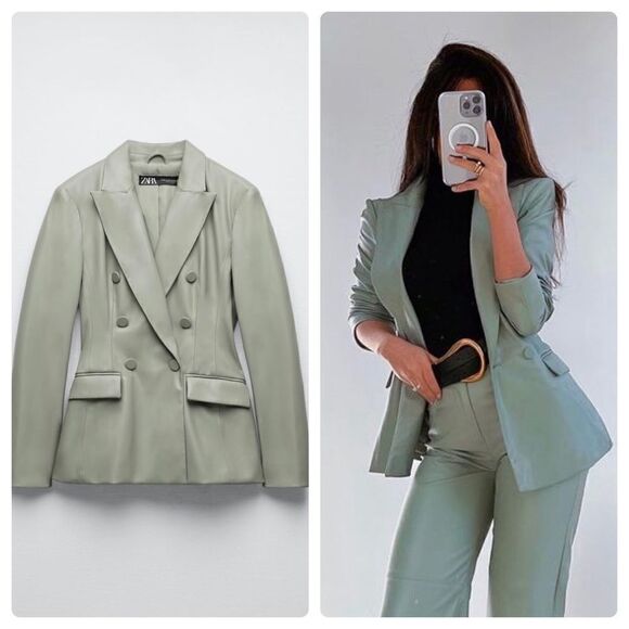 Zara Faux Leather Double Breasted Blazer New - Picture 1 of 8